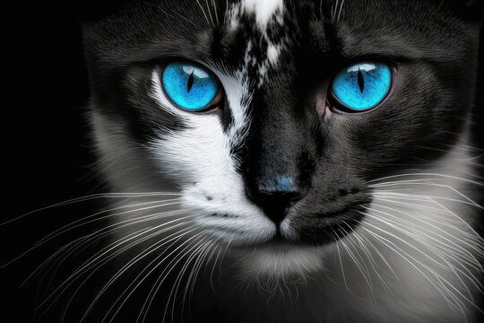 black and white cat with blue eyes portrait made with generative ai