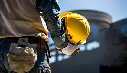 Construction worker holding his helmet while looking at construction site. Occupational Safety and Health (OSH) 