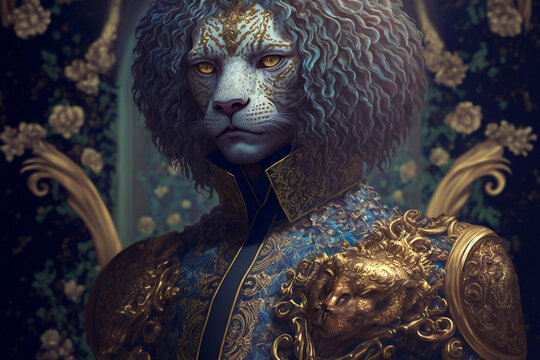 Fantasy Lion, Portrait, Inside of a Castle, Decorative- Generative AI