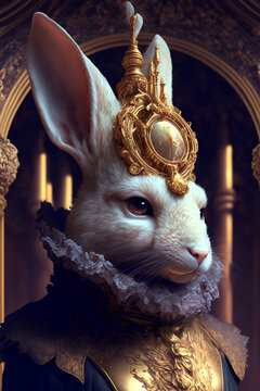 Fantasy Rabbit, Portrait, Inside of a Castle, Decorative- Generative AI