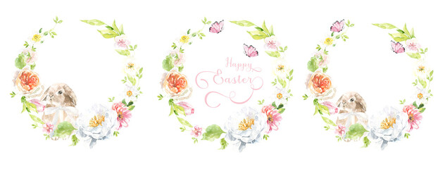Watercolor Happy Easter floral wreath illustration, spring animal round frame with cute bunny for baby shower invitation, easter egg hunt invite, spring wedding, greeting card, nursery printable frame