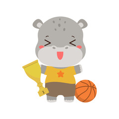 Cute hippopotamus athlete holding award sport cup. Cartoon hippo basketball player school child. Animal kawaii hippo elementary student. PE school subject. Little champion sport trophy winner.