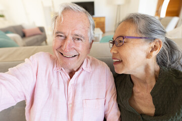 Happy senior diverse couple having video call