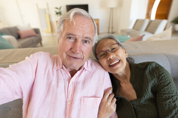 Happy senior diverse couple having video call