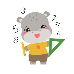 School student hippo holding a pencil and ruler. Maths learning. Cute kawaii animal. Little hippopotamus elementary pupil. Primary school subject mathematics. Education teachers resources.