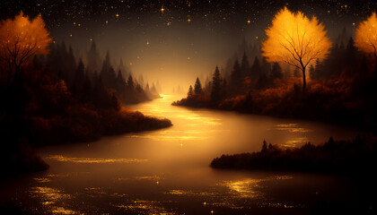 Fototapeta na wymiar A peaceful night sky filled with stars and a glowing river of gold sparkles surrounded by tranquil woods create a fantasy paradise. Generative AI.