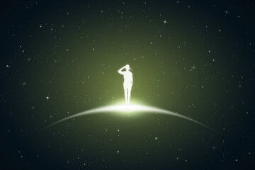 Fototapeta na wymiar Soldier salutes. Military woman silhouette. Glowing outline in space