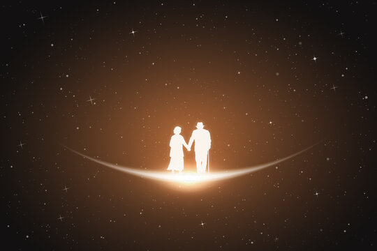 Old people walking. Loving couple silhouette. Glowing outline in space