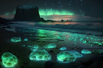 Northern Lights over the beach. Surreal dreamy landscape