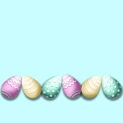 Pastel 3d Easter eggs - playful soft design for the holiday - banner, wallpaper, postcard, post on social media with copy space for text; colorful eggs at the bottom with light acqua blue background