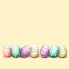 Pastel 3d Easter eggs - playful soft design for the holiday - banner, wallpaper, postcard, post on social media with copy space for text; colorful eggs at the bottom with pale yellow background