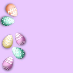 Pastel 3d Easter eggs - playful soft design for th holiday - banner, wallpaper, postcard, post on social media with copy space for text; colorful eggs arranged on one side with light purple background