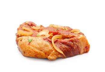 Raw meat marinated with spices for armenian bbq dish Chalagach (grilled pork loin steak) isolated on white background   