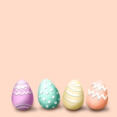 Pastel 3d Easter eggs - playful soft design for the holiday - banner, wallpaper, postcard, post on social media with copy space for text; colorful eggs at the bottom with light pale orange background