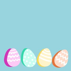 Playful colourful Easter design, four holiday Easter eggs drawing background arranged at the bottom with copy space for text, turquoise background, for wallpaper, poster, social media, banners