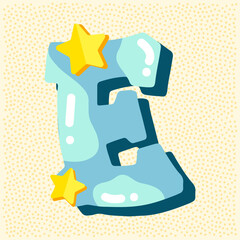 Candy glossy font design. Pastel blue and paper yelow star decor letters ABC. Sweets for girls. Letter E