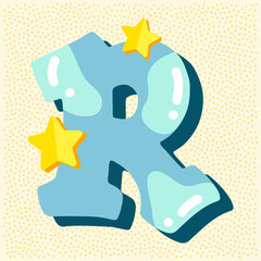 Candy glossy font design. Pastel blue and paper yelow star decor letters ABC. Sweets for girls. Letter R
