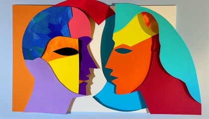 Colorful faces facing each other in collage paper cutout bold painted color, active listening, talking, talk therapy, communication, exchanging ideas, information, word of mouth (generative AI, AI)