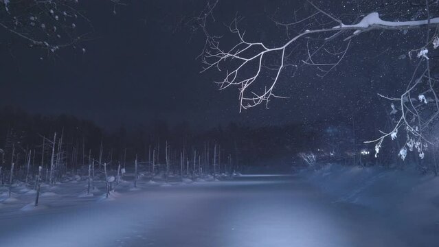 Hokkaido,Japan - February 26, 2023: Illuminated Blue Pond or Aoi ike in Biei, Hokkaido, Japan
