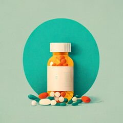 Pills prescriptions Rx in simple graphic style, clean cartoon circle graphic, medicine medical health care, drugs, over-the-counter prescribed pill bottle and doctor's script (generative AI, AI)