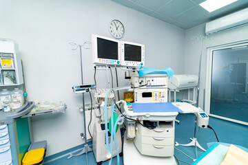 Surgery hospital technologies. Medical emergency modern room.