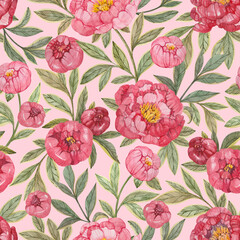 Seamless floral pattern with red and pink peonies and green leaves painted in watercolor on a light pink background. Elegant floral print for textiles, wrapping paper, wallpaper and more.