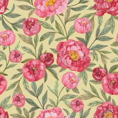 Seamless floral pattern with red and pink peonies and green leaves painted in watercolor on a light green background. Elegant floral print for textiles, wrapping paper, wallpaper and more.