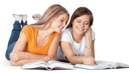 Two girls reading books isolated on white background
