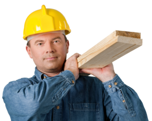 Construction Worker with wooden boards isolated on whitea