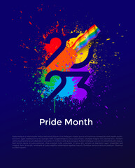 LGBTQ Pride month banner with typography text 2023 on abstract modern sharp colorful splash ink rainbow background design. Vector lgbt 2023 Isolated on blue background.