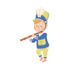 Cute boy playing flute musical instrument in marching band parade cartoon vector illustration