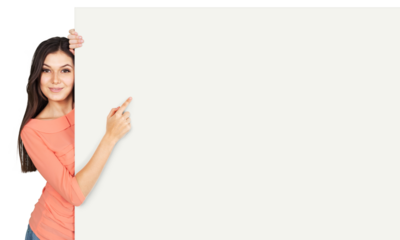 Happy smiling young  woman showing blank signboard, isolated on  background