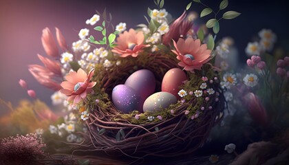 Fototapeta na wymiar Easter illustration with eggs in the nest. Easter card. Nest with flowers. Spring concept. Ai generated.