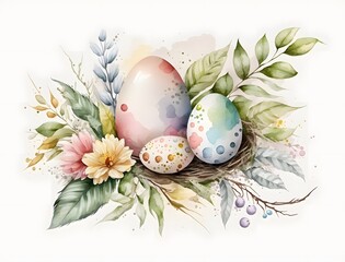 Easter watercolor illustration with eggs in the nest. Easter card. Nest with flowers. Ai generated.
