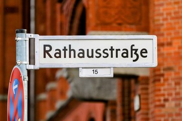 Street sign "Rathausstrasse" at Berlin City Hall, called "Rotes Rathaus" (Red City Hall)