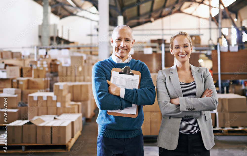 Poster your shipment is in capable hands. portrait of two managers standing in a distribution warehouse.
