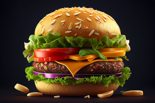 Burger poster for menu restaurant. Burger design style promotional fast food poster. Cheeseburger flyer and poster for cafe menu. Hamburger vector, flyer and poster burger, Ai Generative illustration.