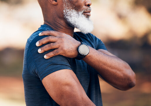 Senior hands, shoulder pain or injury in nature after accident, workout or training. Sports, health or elderly black man with fibromyalgia, inflammation and tendinitis, arthritis and painful arm.