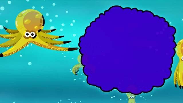 Octopuses cartoon yellow character background title version. Good for titles, background, etc... Seamless loop. Children animation intro, fairy tales, etc... Bubble speech good for text.