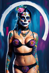 Bold and Beautiful: Hand-Painted Portraits of Women in Lingerie with Tattoos.Hand-Painted Beauty: Women in Lingerie and Tattooed Bodies with Bra.
