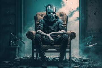 Fototapeta na wymiar Masked Person Sitting in Chair in Post-Apocalypse World. Generative AI.