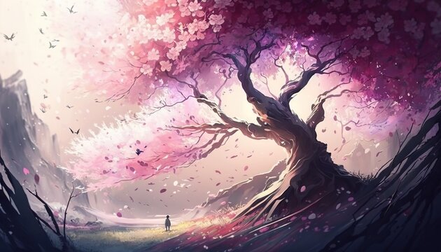 japanese cherry blossom tree wallpaper background created with generative ai technology