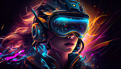 Illustration of a woman with VR headset exploring the metaverse. Abstract background, Artwork