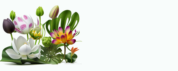Various generative flowers with copy space on white background.  Generative AI.