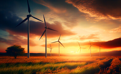 Wind turbine on sunset. Windfarm park. Eolic park windpower. Wind farm or Wind park green energy. AI Generative. Wind turbines alternative energy. Ecology and environmental. Windmill power industry.