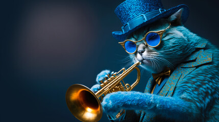 Funny blue cat dressed as a jazz brass musician playing trumpet with copy space, generative ai - obrazy, fototapety, plakaty