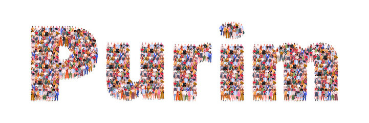Large group of people in form of  Purim word. A crowd of male and female characters for web page, banner, presentation, social media. Flat vector illustration isolated on white background.