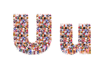 Large group of people in letter U form. People standing together. A crowd of male and female characters. Flat vector illustration isolated on white background.