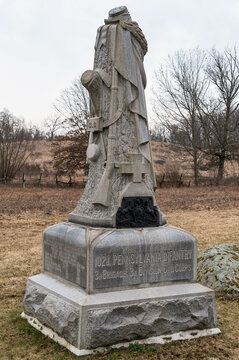 The 102nd Pennsylvania Infantry monument in the Gettysburg National Military Park on a winter day