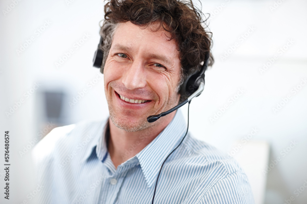 Sticker What can I do for you today. Cropped portrait of a handsome call center operator in the office.